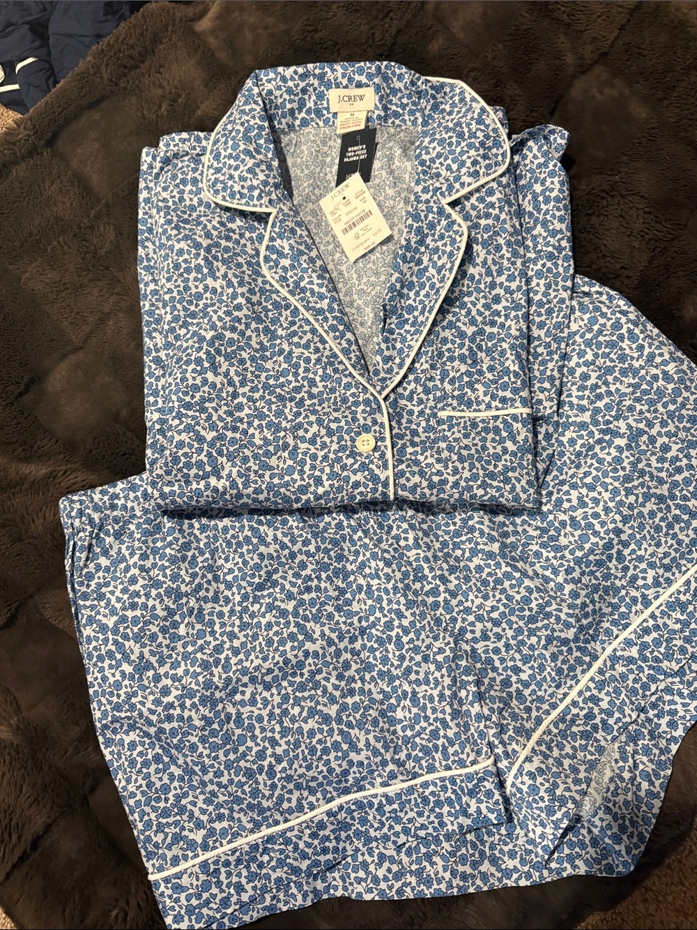 J. Crew Blue Floral Cotton Pajama Set with Cream Piping